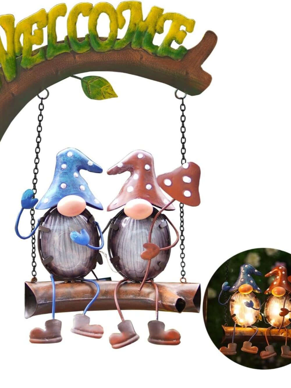 Gnomes Garden Decor Solar Lights, 48 Inch Welcome Sign Swing Yard Decorations Ou